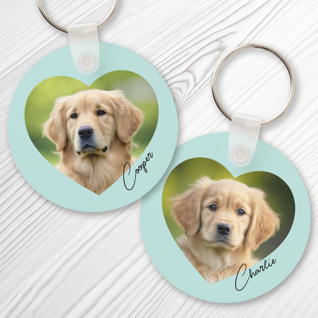 Pet dog photo inside heart with name aqua blue keychain (Creator Uploaded)