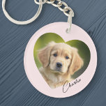 Pet dog photo inside heart with name pink keychain<br><div class="desc">Pink or custom colour keyring featuring your pets photo inside a heart with the name in a handwritten style script font.</div>