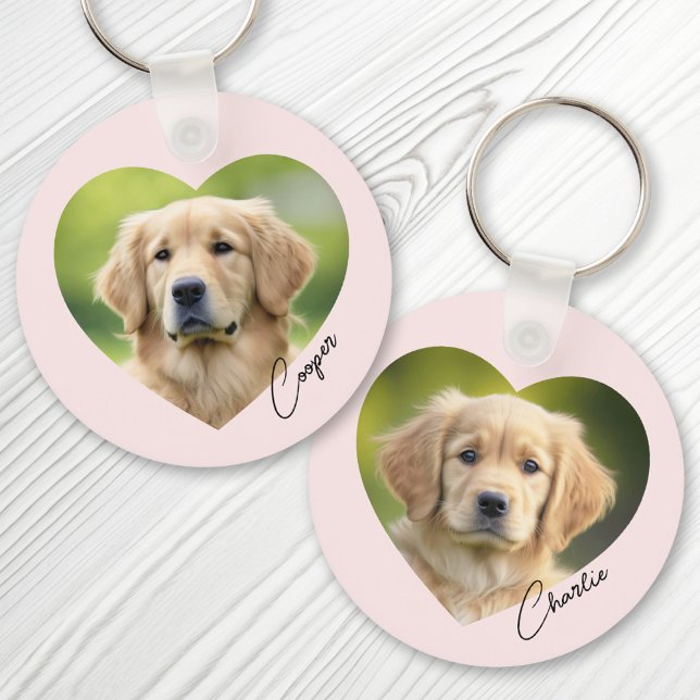 Pet dog photo inside heart with name pink keychain (Creator Uploaded)