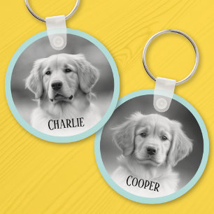 Pet dog photo light aqua blue border add name keychain