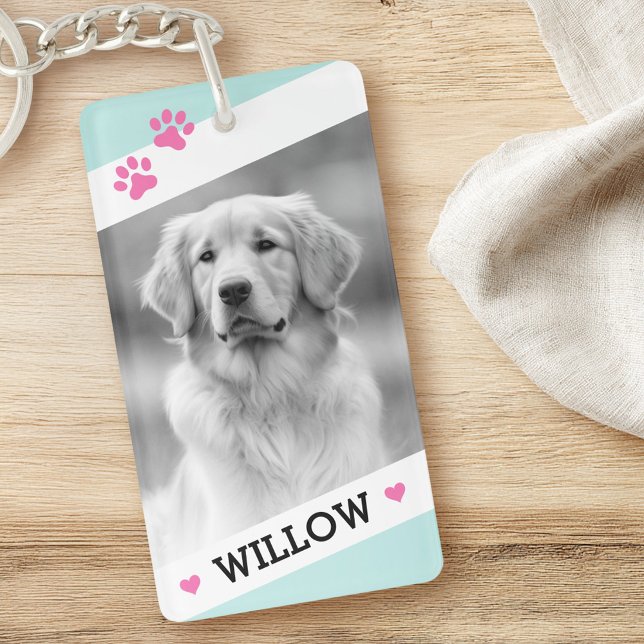 Pet dog photo light aqua blue white borders name keychain (Pet dog photo light aqua blue white borders name keychain)