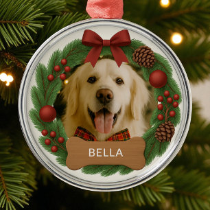 Pet Dog Photo Name Holiday Christmas Wreath Metal Ornament