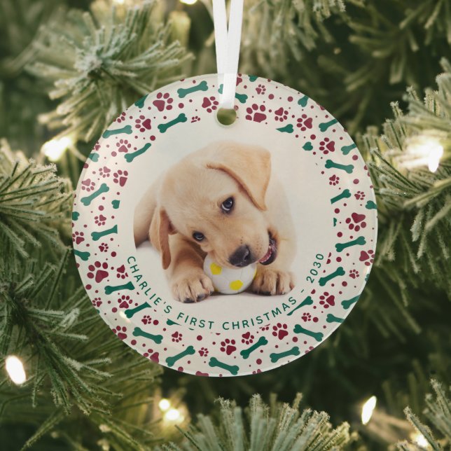 Pet Dog Photo Paw Prints Personalized Christmas Glass Ornament (Insitu)