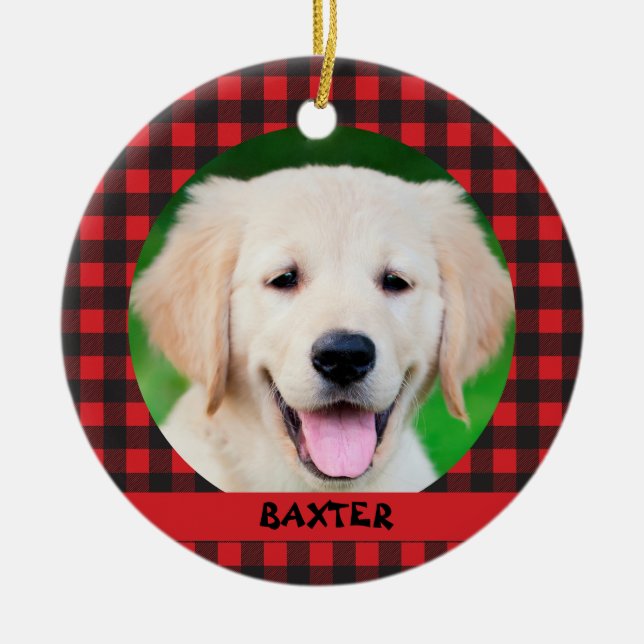 Pet Dog Photo Red Buffalo Plaid Name Ceramic Ornament (Front)