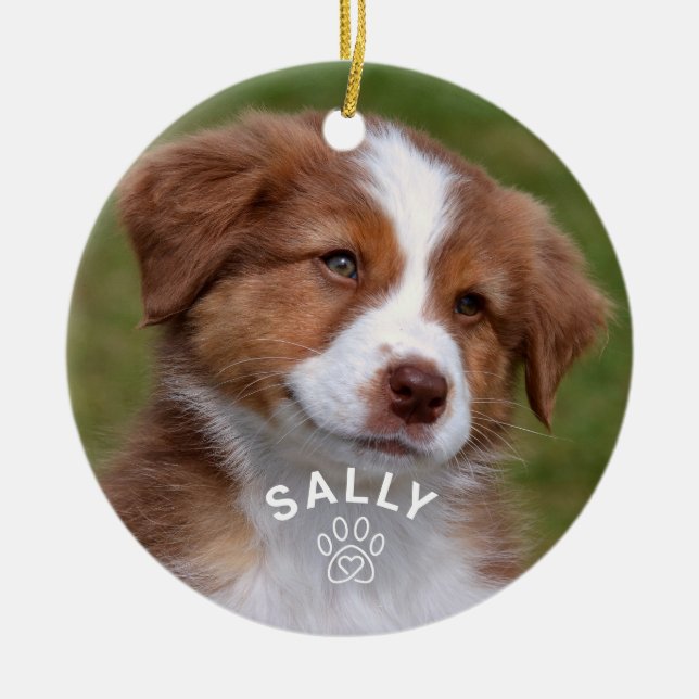 Pet Dog Polka Dots Paw Print Custom Name Photo Ceramic Ornament (Front)