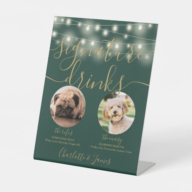 Pet Dog Signature Drinks String Lights Green Gold Pedestal Sign (Front)