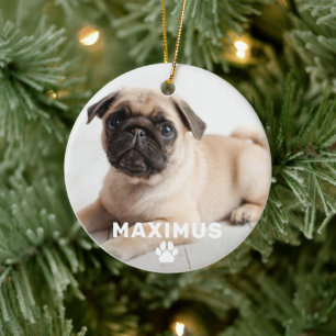 Pet Dog Simple Paw Print Custom Name Photo Ceramic Ornament