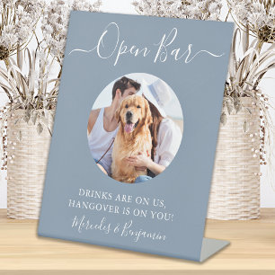 Pet Dog Wedding Open Bar Dusty Blue Custom Photo Pedestal Sign