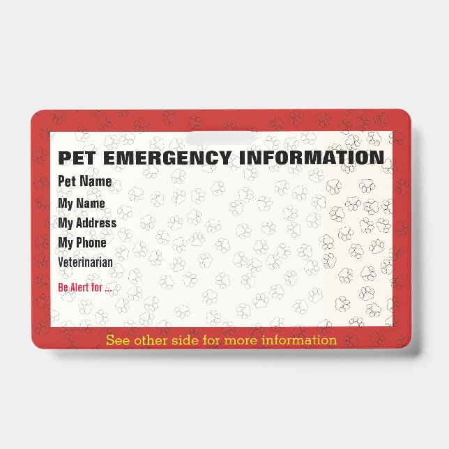 Pet Emergency Information Card Badge (Front)