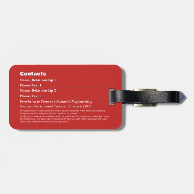 Pet Emergency Information Card v6 Luggage Tag (Back Horizontal)