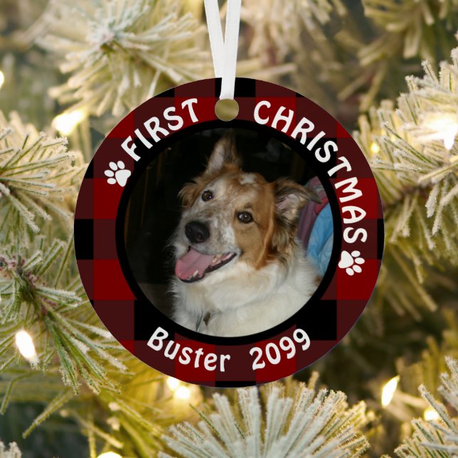 Pet FIRST CHRISTMAS 2-Sided 2-Photo Buffalo Check Metal Ornament (Insitu)