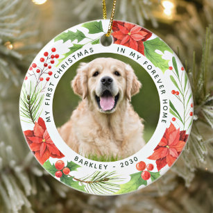 Pet First Christmas Forever Home Wreath Dog Photo Ceramic Ornament
