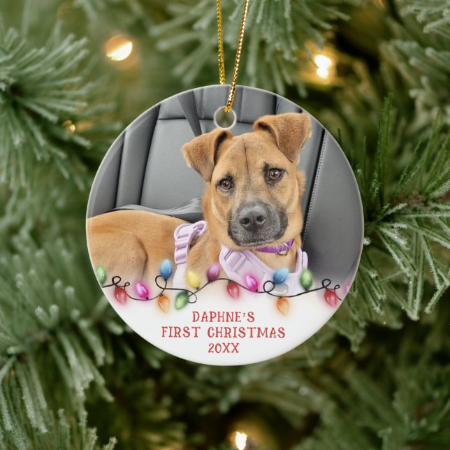 Pet First Christmas Lights 2 Photos Personalized Ceramic Ornament (Tree)