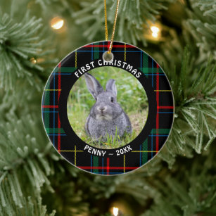 Pet FIRST CHRISTMAS Photo Plaid Personalized Ceramic Ornament