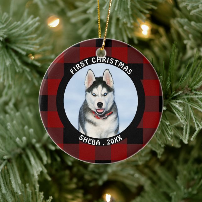 Pet FIRST CHRISTMAS Red Buffalo Check Personalized Ceramic Ornament (Tree)