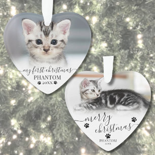 Pet First Christmas Script Cat Photo Heart Ornament