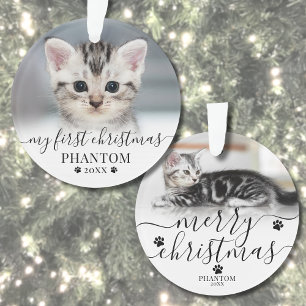 Pet First Christmas Script Cat Photo Ornament