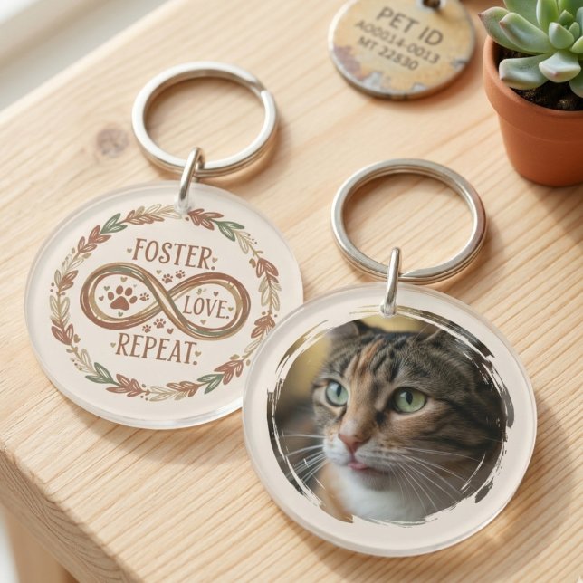Pet Foster Love Repeat Infinity Wreath Keychain (Pet foster infinity keychain for a rescue advocate celebrating a successful shelter adoption.)