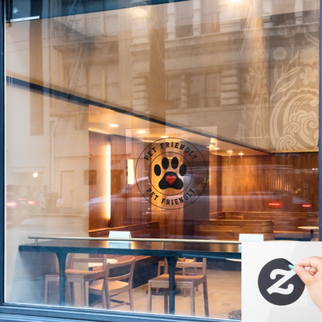 Pet Friendly Label with heart paw Window Cling (Cafe Window)