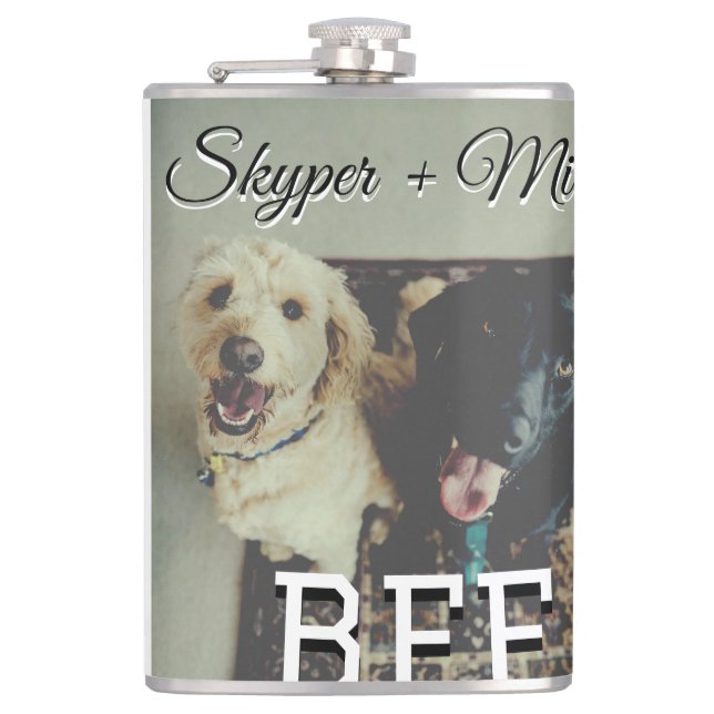 Pet friends besties add name pet photo animal love hip flask (Front)