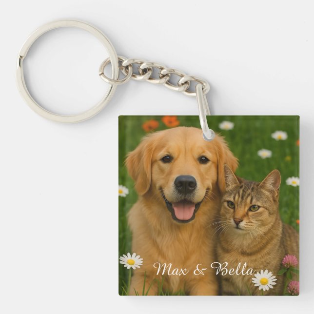 Pet Friends Dog Dad Cat Mom Floral Photo Gifts     Keychain (Front)