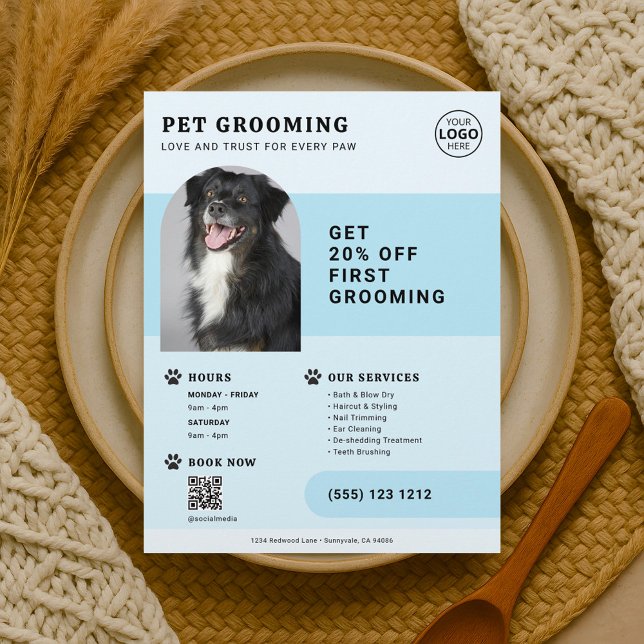 Pet Grooming Photo QR Code Blue Flyer (Creator Uploaded)
