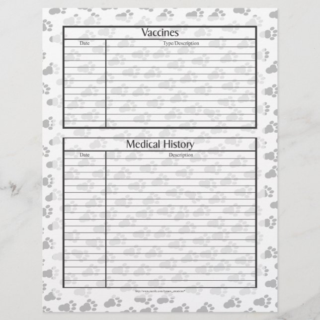 Pet Health Information Sheet page 2 (Front)