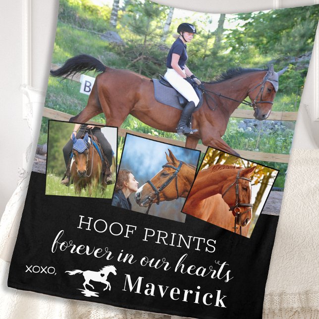 Pet Horse Memorial Personalized 4 Photo Collage Fleece Blanket (Creator Uploaded)