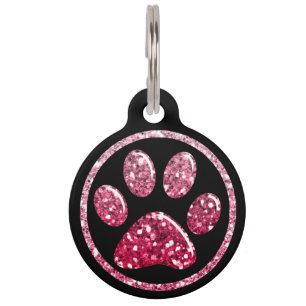 Pet ID Tag - Dark Pinks Bling Paw Print on Black