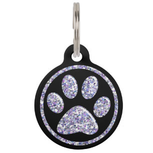 Pet ID Tag - Lt Purple Bling Paw Print on Black
