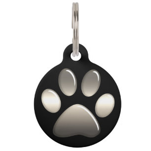 Pet ID Tag - Platinum Paw Print on Black