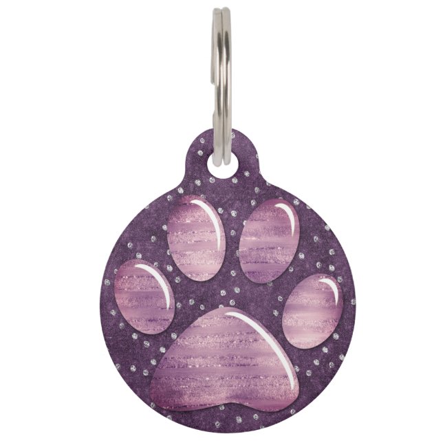 Pet ID Tag - Sparkles Purple1 Paw Print (Front)