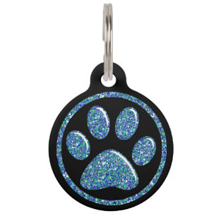 Pet ID Tag - Teal Blue Bling Paw Print on Black