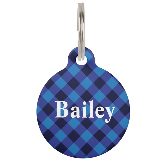 Pet Identification Tag - Royal Blue Plaid. (Front)