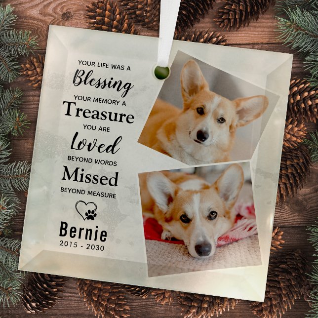 Pet Loss Personalized Modern Dog Memorial 2 Photo  Glass Ornament (Creator Uploaded)