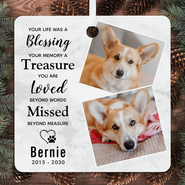 Pet Loss Personalized Modern Dog Memorial 2 Photo  Metal Ornament (Creator Uploaded)