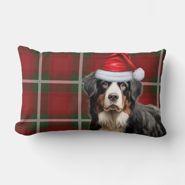 Pet Lover Christmas Bernese Mountain Dog Plaid Lumbar Pillow (Front)