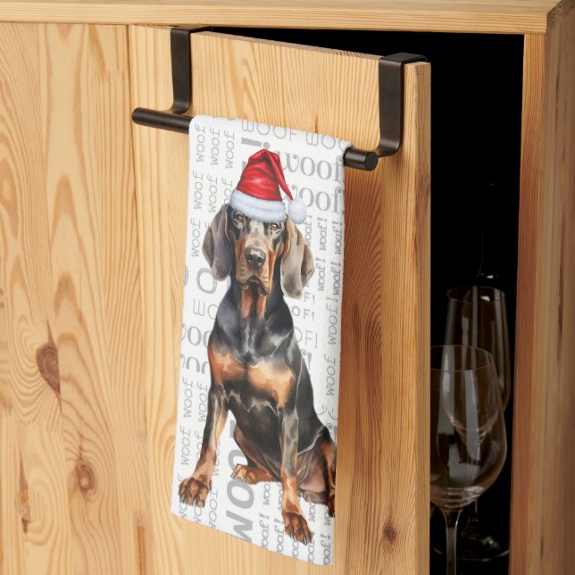 Pet Lover Holiday Black Tan Coonhoun Dog Christmas Kitchen Towel (Thirds Fold)