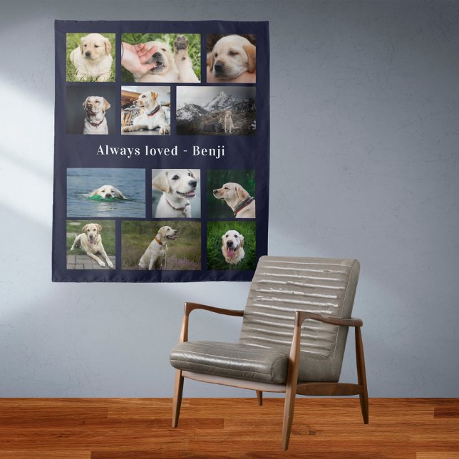 Pet Lover Keepsake Tapestry (Pet photo collage tapestry wall hanging with dark blue background.)