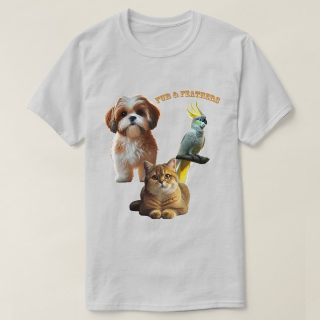 Pet Lover of Fur & Feathers Dog, Cat, and Bird URM T-Shirt (Design Front)