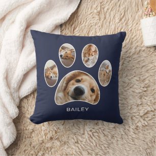 Pet Lovers Cute Paw Print Name Photo Collage Navy Throw Pillow