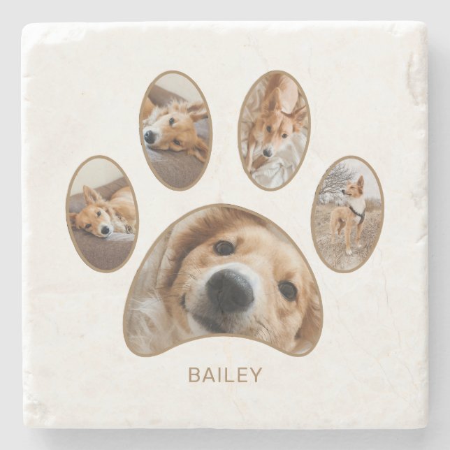 Pet Lovers Gold Paw Print Name Photo Collage Stone Coaster (Front)