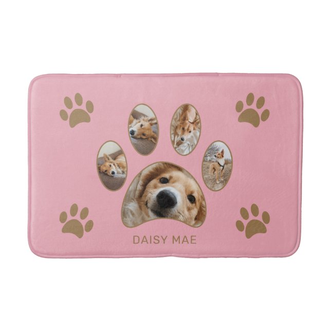 Pet Lovers Pink Gold Paw Print Name Photo Collage Bath Mat (Front)