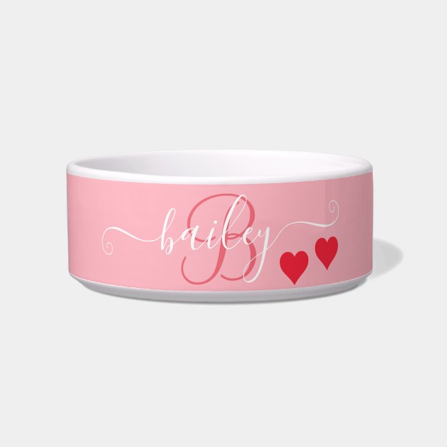 Pet Lovers Pink Heart Monogram Name   Bowl (Front)