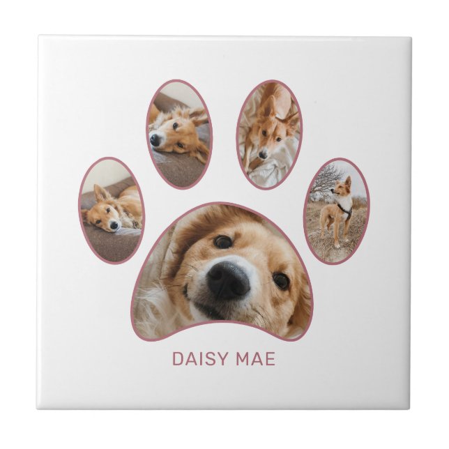 Pet Lovers Rose Gold Paw Print Name Photo Collage Tile (Front)