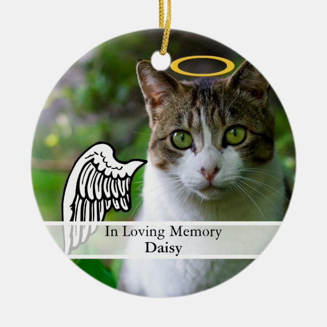Pet Memorial Angel Wing & Halo Custom Name Ceramic Ornament (Front)