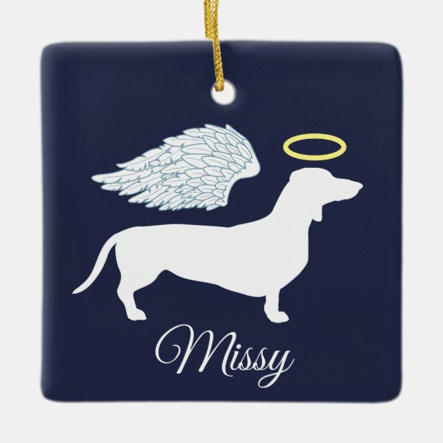 Pet Memorial Angel Wing & Halo Dachshund Ceramic Ornament (Front)