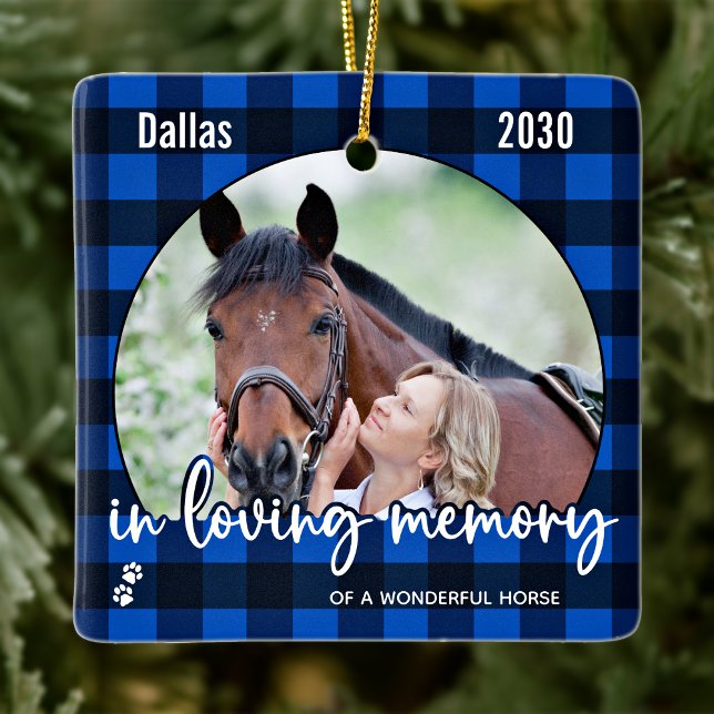 Pet Memorial Blue Plaid Horse Pet Loss Keepsake  Ceramic Ornament (Creator Uploaded)