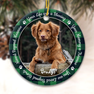 Pet Memorial Buffalo Plaid Keepsake Dog Photo Ceramic Ornament