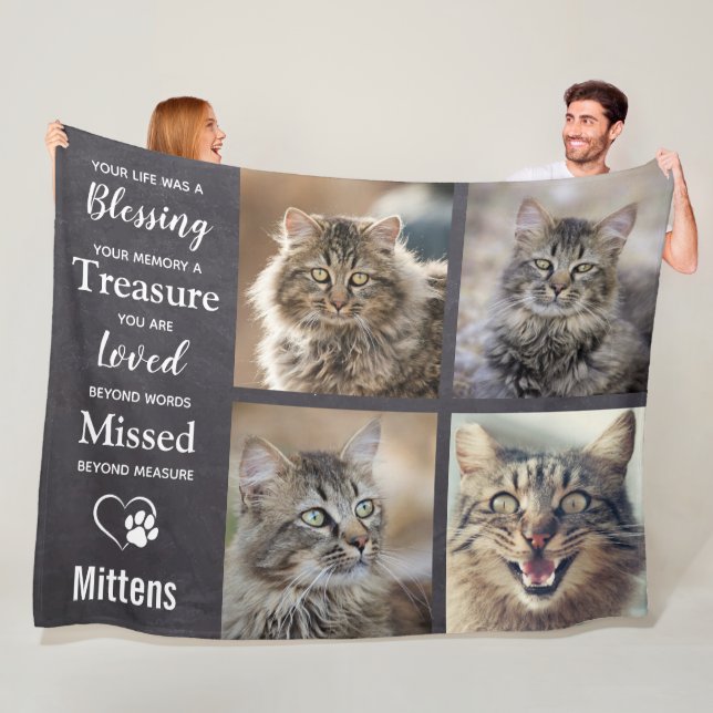 Pet Memorial Cat Keepsake Pet Loss Photo Collage Fleece Blanket (In Situ)